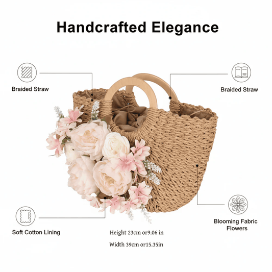 Beach vacation girl style floral handmade straw woven tote bag