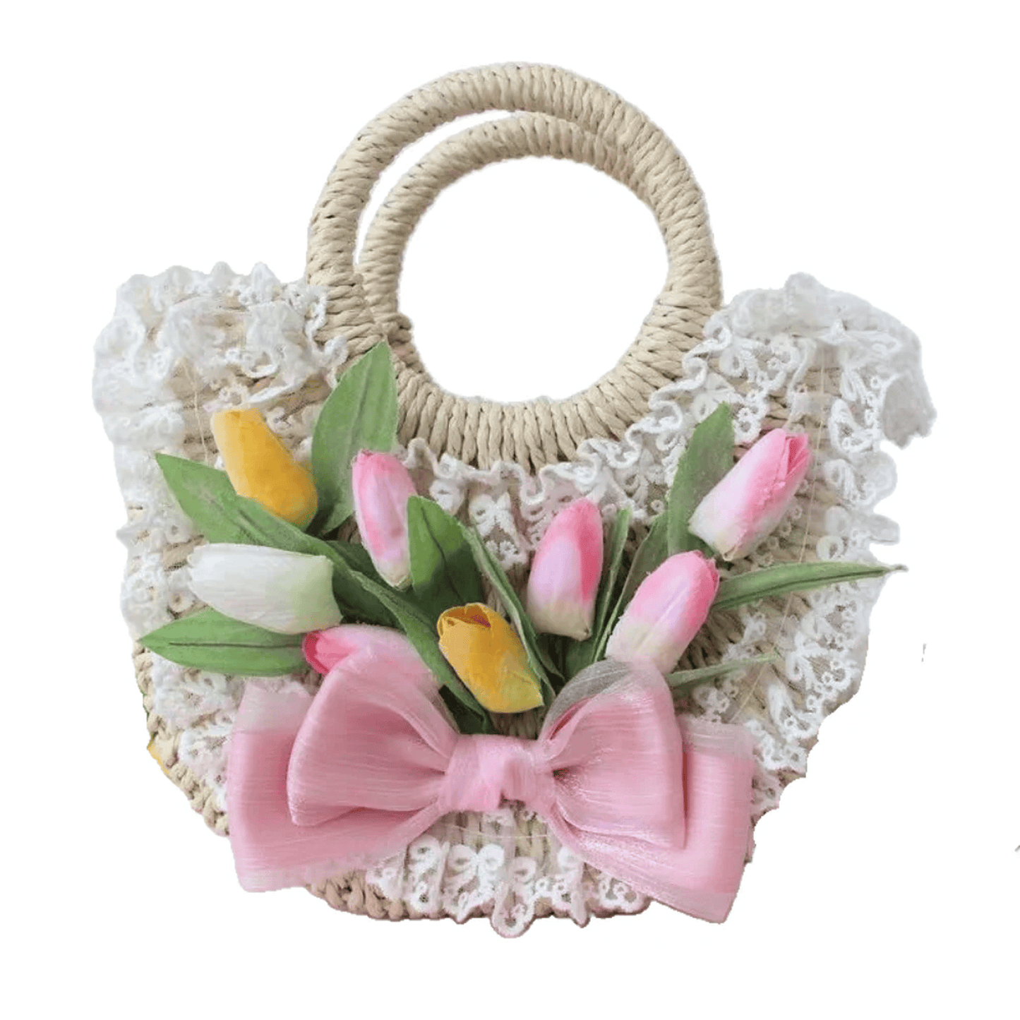 Women's lightweight floral woven straw handbag