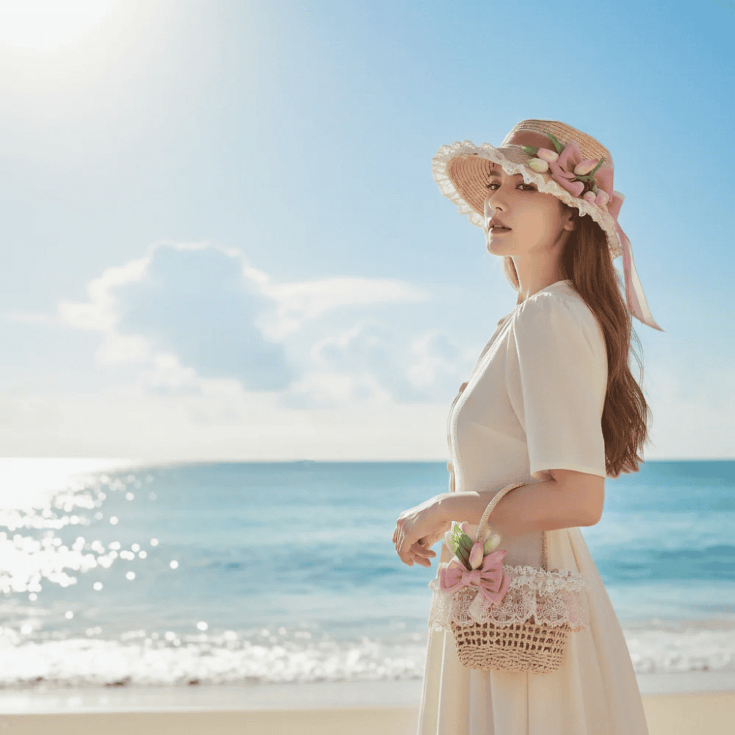 Women's lightweight floral woven straw handbag