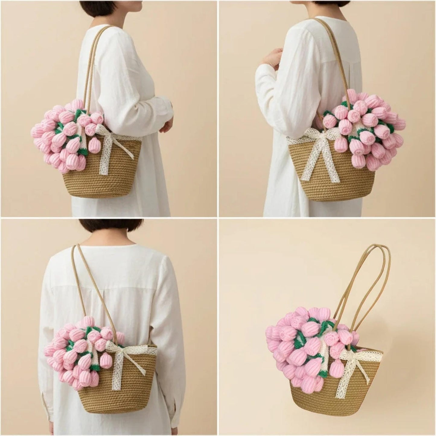 Crochet rose bouquet shoulder bag for women