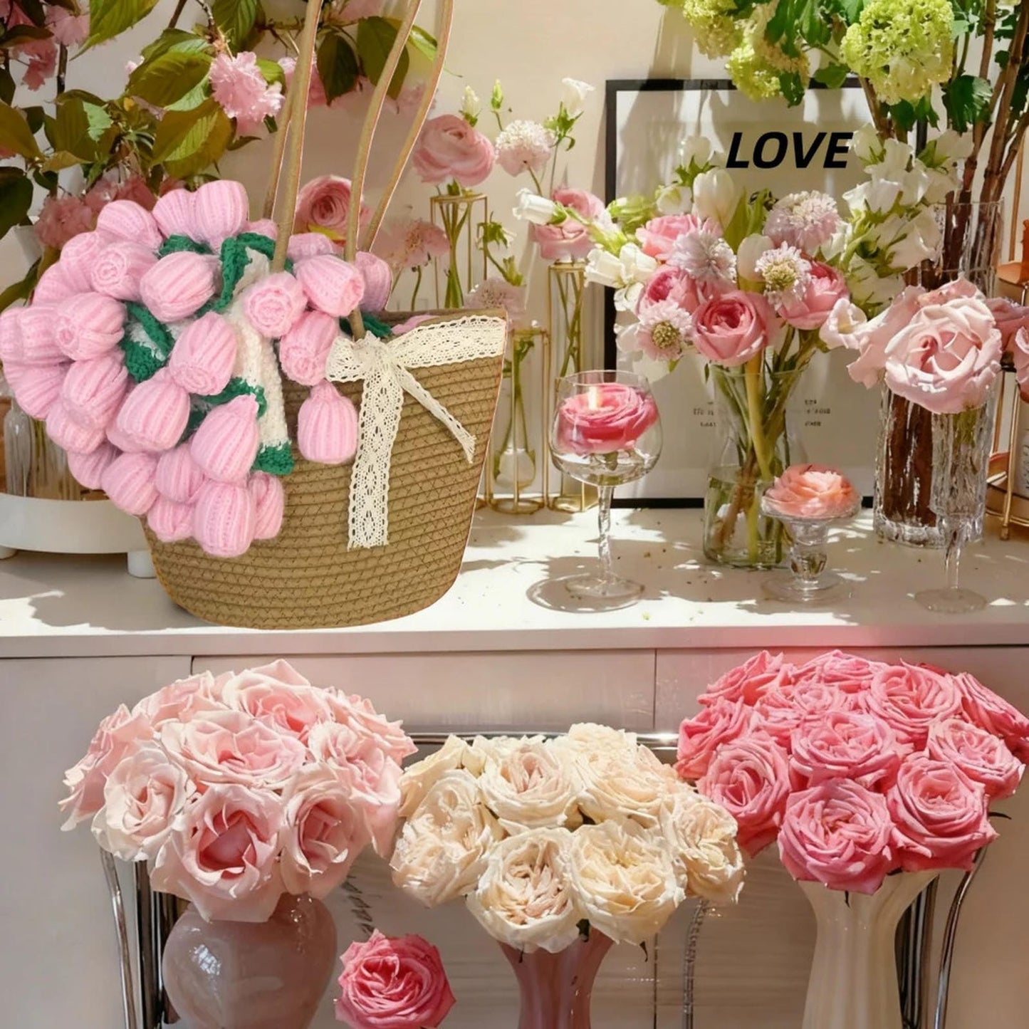 Crochet rose bouquet shoulder bag for women